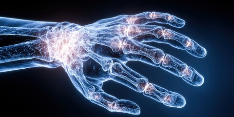 holographic anatomy medical realistic. Digital illustration of a glowing, wireframe hand reaching out in a futuristic style.