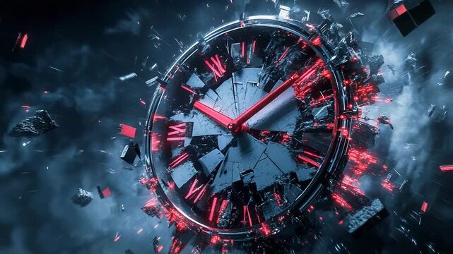 Exploding clock depicting time running out in dramatic scene