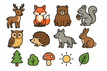 Naklejka premium Cute cartoon forest animals and nature icons - deer, fox, bear, squirrel, owl, hedgehog, wolf, rabbit