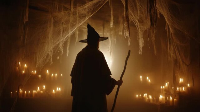 Mysterious Witch Silhouette Standing Amidst Candlelight and Cobwebs in Spooky Ambience