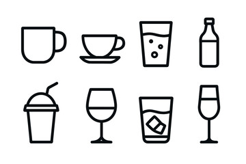 Line art beverage icons: coffee, tea, juice, water, smoothie, wine, and whiskey glasses