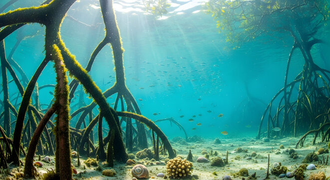 Mystical underwater mangrove forest showcasing submerged root systems and marine life, sun rays
