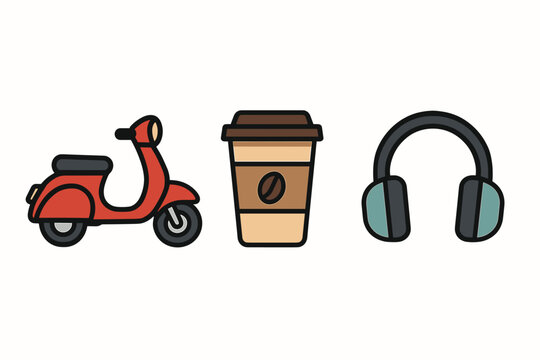 Colorful icons of scooter coffee cup and headphones in minimalist style