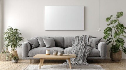 Warm living room with gray sofa, throw blanket, blank canvas and potted plants