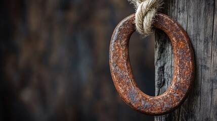 Rusted metal ring, rope, wood