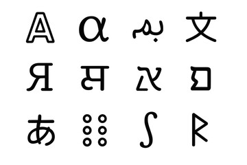 Diverse global alphabets displaying various symbolic scripts