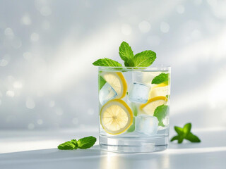 Flat lay of glass of lemon water with ice cubes and mint leaves on clean white background, soft light, detox drink concept