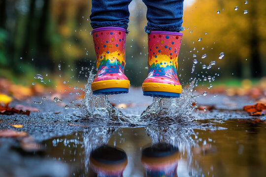 Child in colorful rain boots jumping into a puddle.