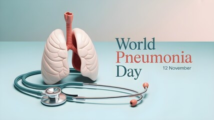World pneumonia day concept with lungs and stethoscope on a blue background.