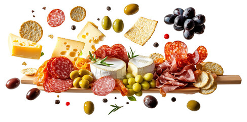 Variety of cheeses, meats, olives, and crackers are artfully arranged on wooden board, with some elements appearing to float in air, creating dynamic and appetizing display., isolated