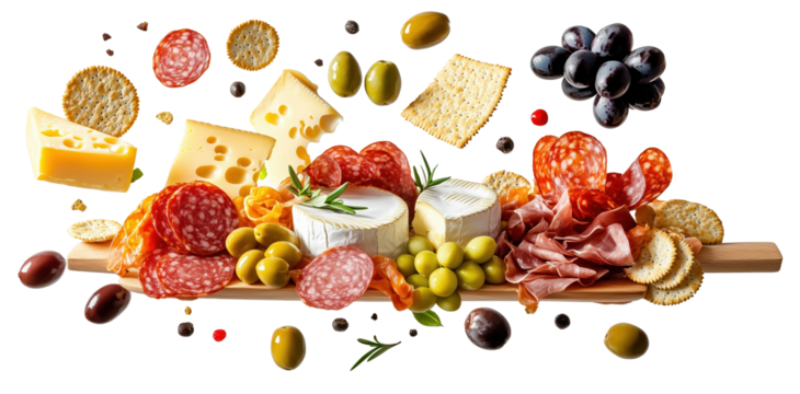 Variety of cheeses, meats, olives, and crackers are artfully arranged on wooden board, with some elements appearing to float in air, creating dynamic and appetizing display., isolated