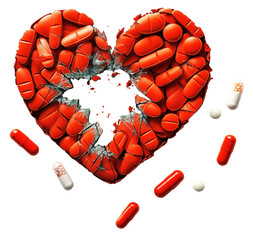 Heart shape made from shattered red medical pills, symbolizing broken heart or health issues. image conveys sense of fragility and vulnerability., isolated