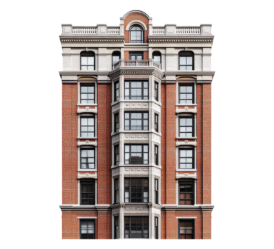 Elegant Historic Brick Building Facade with Large Windows Design