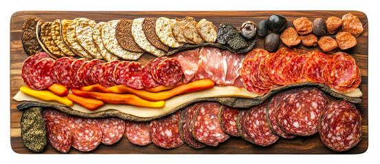 Charcuterie board artfully arranged with various meats, cheeses, crackers, and olives, resembling minimalist landscape painting. vibrant colors and textures create visually appealing, isolated