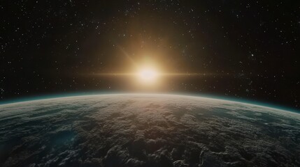 Fototapeta premium Earthrise Sun shining over planet Earth from space, showing atmosphere and clouds.