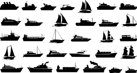 a set of black silhouette ship icons, set against a white background, simple vector graphics