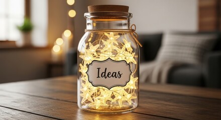 Transparent jar filled with glowing stars labeled “Ideas”