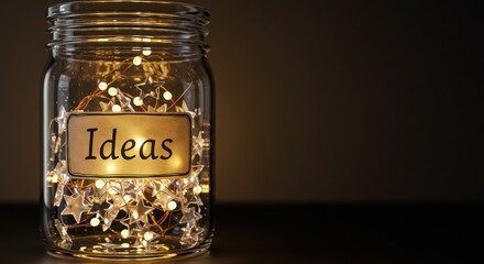 Transparent jar filled with glowing stars labeled “Ideas”