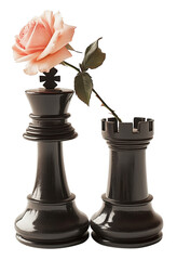 Black chess king piece with blooming rose on top stands beside black rook, symbolizing beauty and strategy., isolated