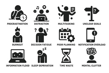 Icons illustrating common productivity challenges and mental overload concepts