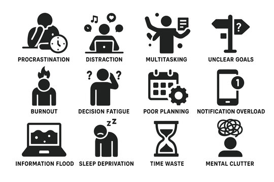 Icons illustrating common productivity challenges and mental overload concepts