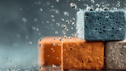 Close-up of colorful, square blocks, water droplets in motion