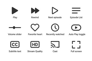 Media control icons set: play, rewind, volume, heart, auto play, hd, cast, full screen
