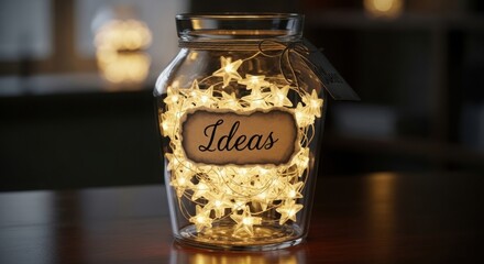Transparent jar filled with glowing stars labeled “Ideas”