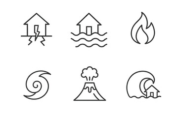 Natural disaster icons: earthquake, flood, fire, hurricane, volcano, tsunami