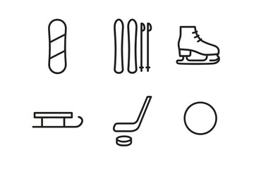 Winter sports equipment icons: snowboard, skis, skate, sled, hockey stick, puck