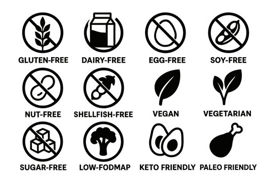 Set of food allergy and diet icons: gluten-free, dairy-free, vegan, keto friendly options