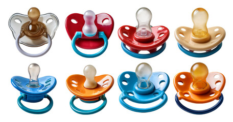 Assorted Baby Pacifiers in Various Colors and Designs on White Background, isolated on transparent background