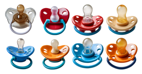 Assorted Baby Pacifiers in Various Colors and Designs on White Background, isolated on transparent background
