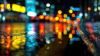 Night city street reflections in a rain puddle