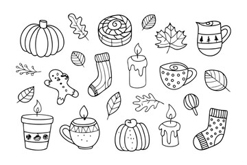 Autumn Collection: A charming illustration of autumn, featuring pumpkin, candle, sock, coffee cup, cookie and fall leaf with seasonal elements, perfect for capturing the essence of the cozy season.