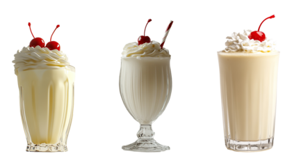 Collection of vanilla milkshakes in transparent glasses, perfect for summer drinks, isolated on a transparent background. PNG