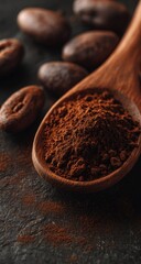Cocoa powder in a wooden spoon, with cocoa beans in the background