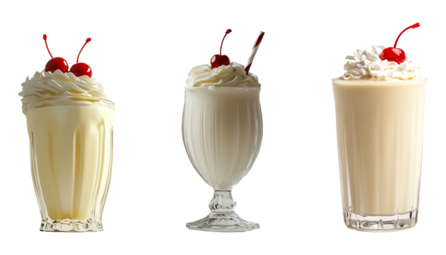 Collection of vanilla milkshakes in transparent glasses, perfect for summer drinks, isolated on a transparent background. PNG