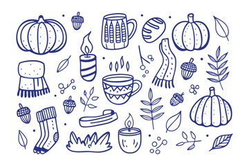 Cozy Autumn Sketch: A collection of hand-drawn illustrations of autumn items evokes feelings of warmth, comfort, and the essence of fall. 