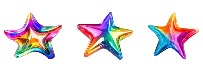 A collection of bright and vibrant colorful star shapes isolated on a transparent background. PNG