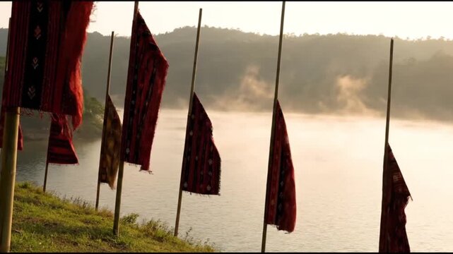 Traditional Ulos Fabrics Fluttering on Bamboo Poles near Lake Toba Hillside in a Windy Afternoon