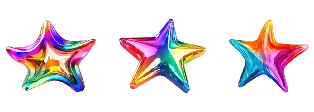 A collection of bright and vibrant colorful star shapes isolated on a transparent background. PNG