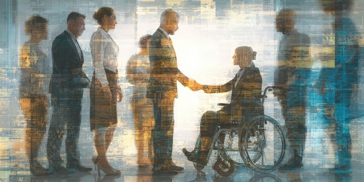 Diverse Business Team Celebrating Success with Handshake Collage and Wheelchair Inclusion