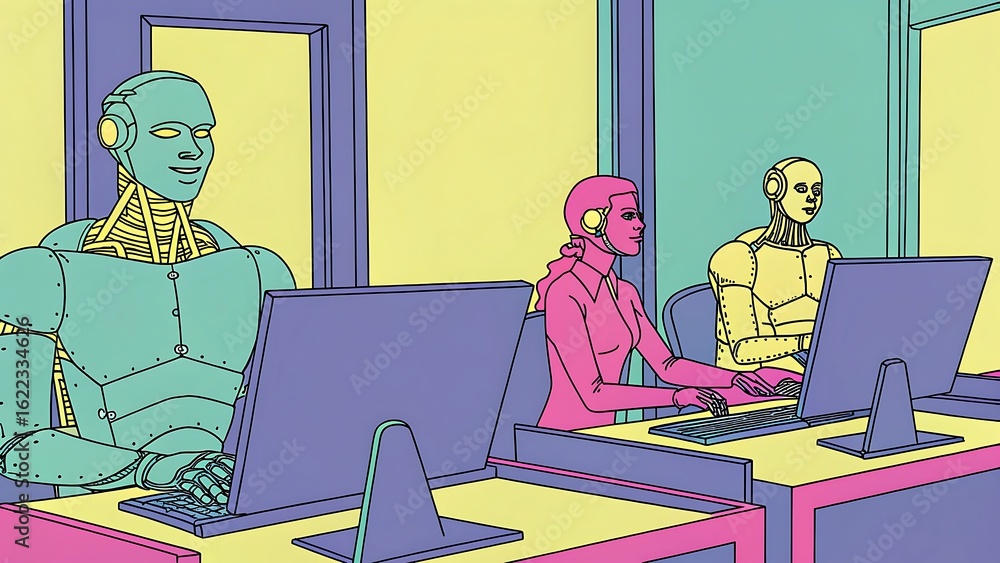 Poster futuristic collaborative workplace with humans and robots working together on computers in vibrant o