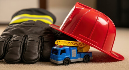 Close-up of a Firefighter's Helmet and Glove with a Toy Fire Truc
