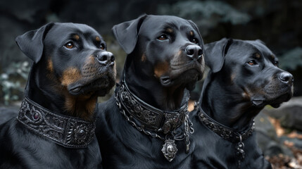 Portrait of three rottweiler dogs with interest looking into the distance. Three rottweilers are sitting on a green lawn. dog keeper. Selective focus.
