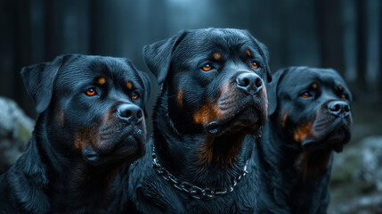 Portrait of three rottweiler dogs with interest looking into the distance. Three rottweilers are sitting on a green lawn. dog keeper. Selective focus.