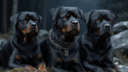 Portrait of three rottweiler dogs with interest looking into the distance. Three rottweilers are sitting on a green lawn. dog keeper. Selective focus.