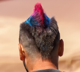 A man with a blue, pink and purple Mohawk