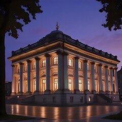 Obraz premium Grand illuminated building with majestic pillars against a vibrant twilight sky